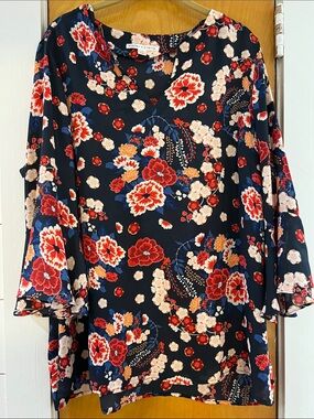 Violet & Claire Navy Floral V-Neck Blouse with Red & Cream Flowers